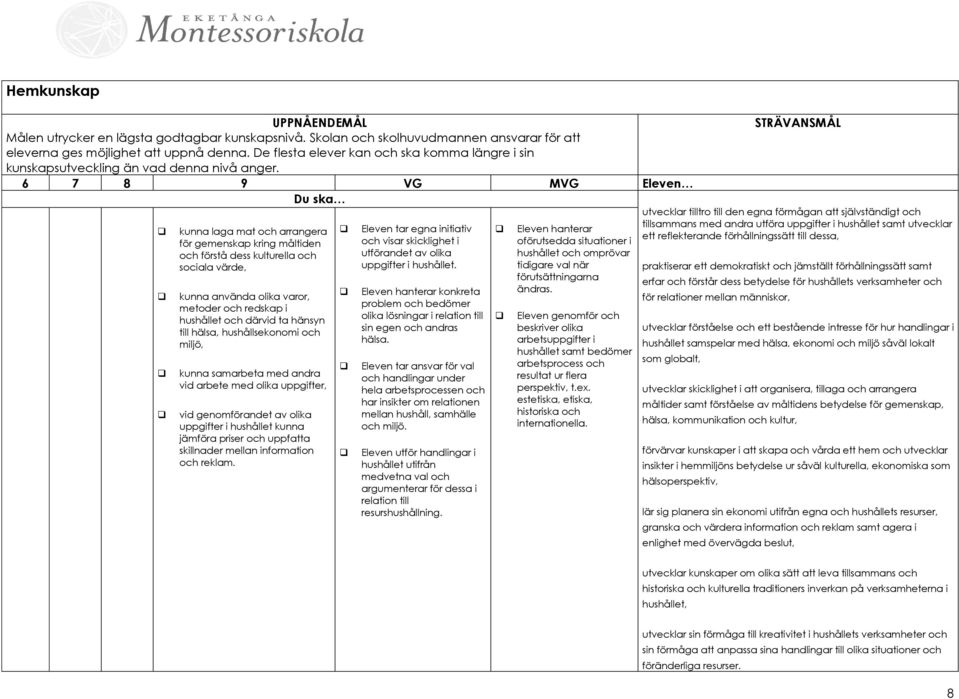 Du ska utvecklar tilltro till den egna förmågan att självständigt och kunna laga mat och arrangera för gemenskap kring måltiden och förstå dess kulturella och sociala värde, kunna använda olika