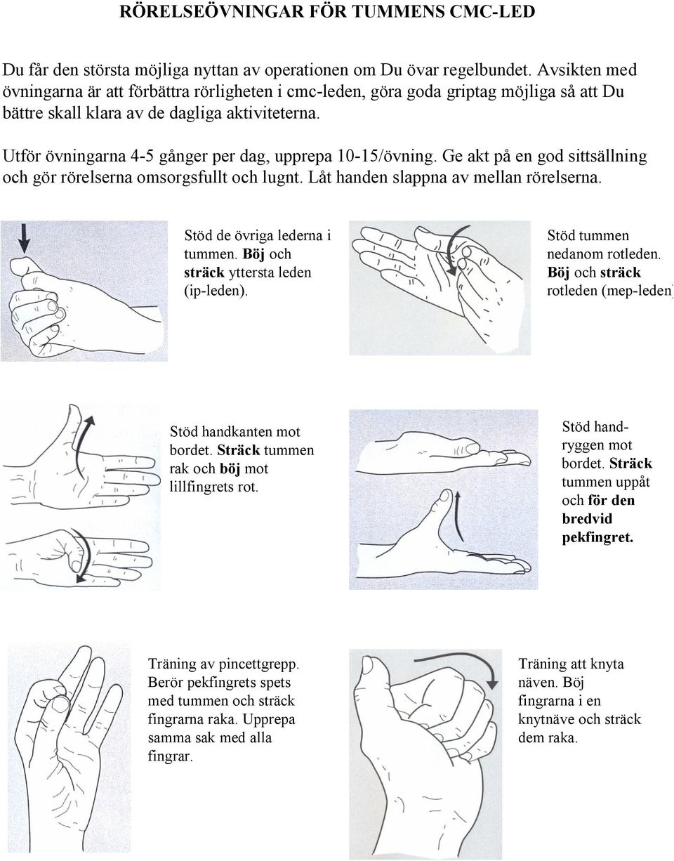 Utför övningarna 4-5 gånger per dag, upprepa 10-15/övning. Ge akt på en god sittsällning och gör rörelserna omsorgsfullt och lugnt. Låt handen slappna av mellan rörelserna.