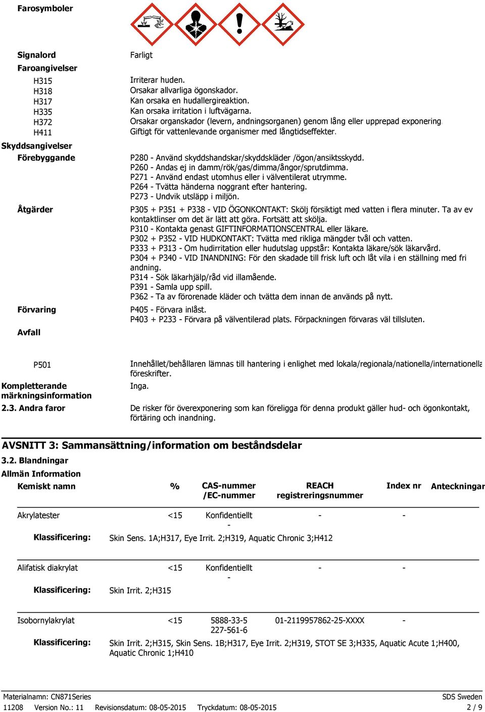 Giftigt för vattenlevande organismer med långtidseffekter. P280 Använd skyddshandskar/skyddskläder /ögon/ansiktsskydd. P260 Andas ej in damm/rök/gas/dimma/ångor/sprutdimma.