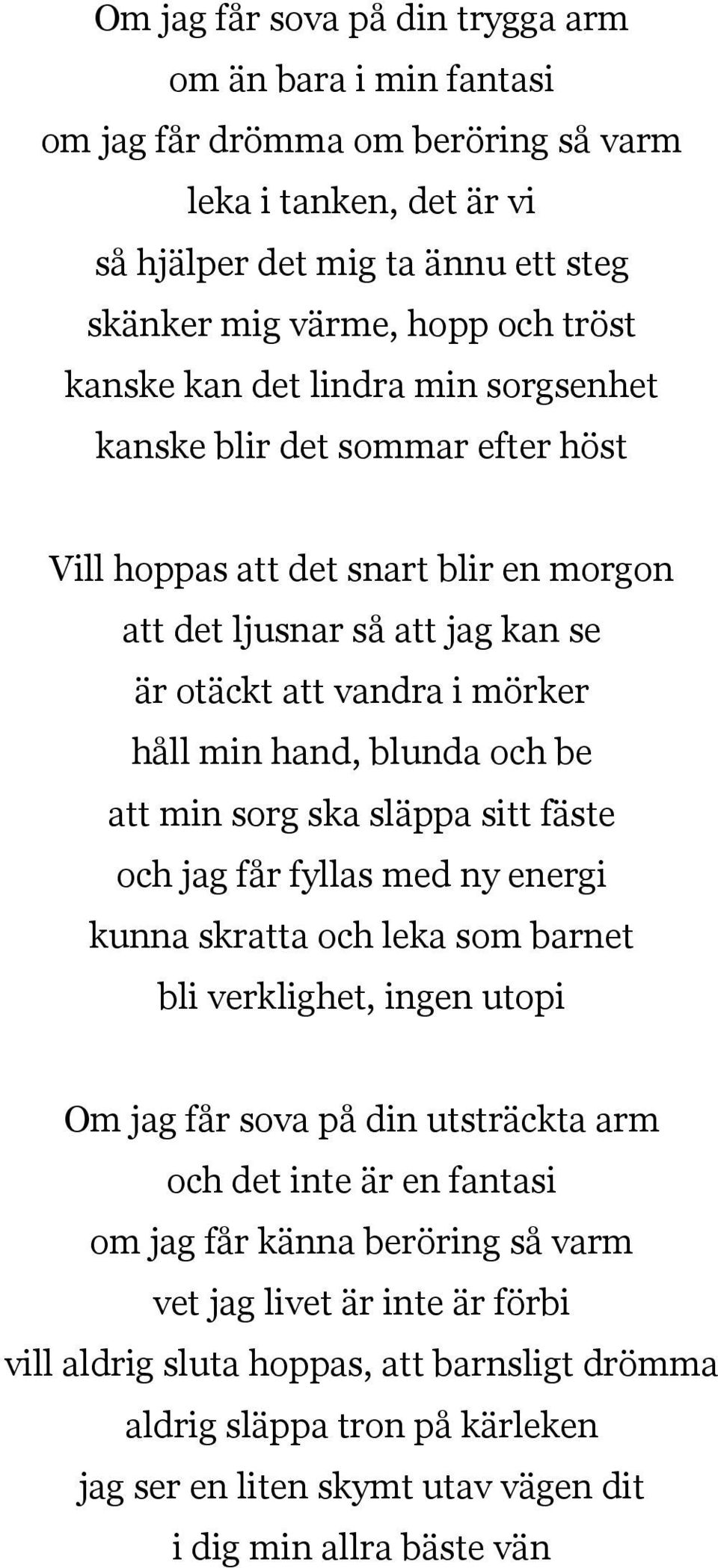 att min sorg ska släppa sitt fäste och jag får fyllas med ny energi kunna skratta och leka som barnet bli verklighet, ingen utopi Om jag får sova på din utsträckta arm och det inte är en fantasi om