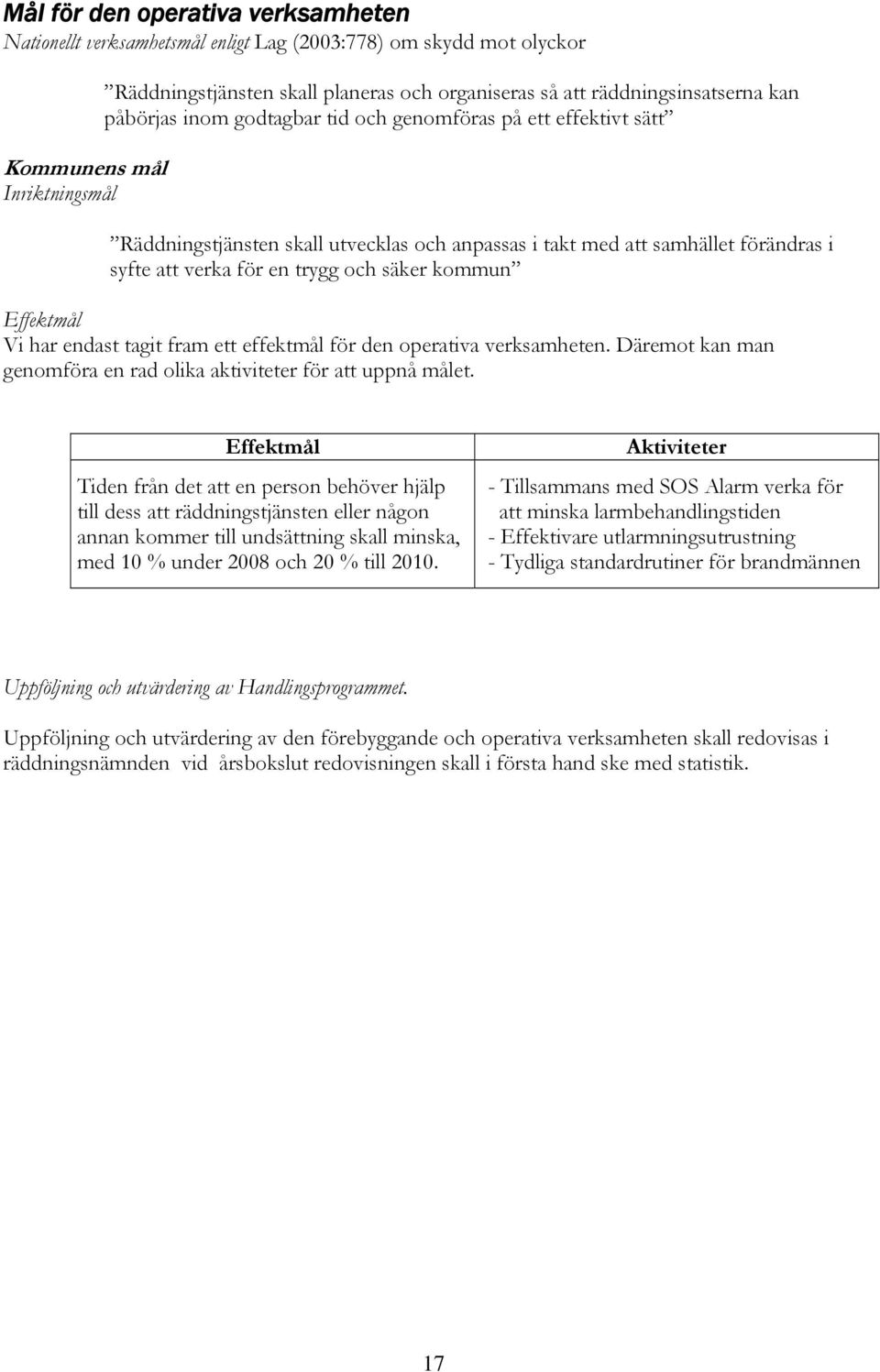 trygg och säker kommun Effektmål Vi har endast tagit fram ett effektmål för den operativa verksamheten. Däremot kan man genomföra en rad olika aktiviteter för att uppnå målet.
