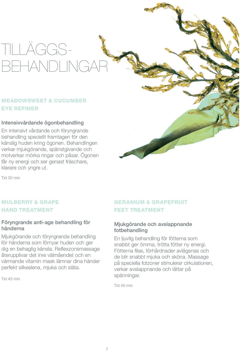 Tid 30 min MULBERRY & GRAPE HAND TREATMENT Föryngrande anti-age behandling för händerna Mjukgörande och föryngrande behandling för händerna som förnyar huden och ger dig en behaglig känsla.