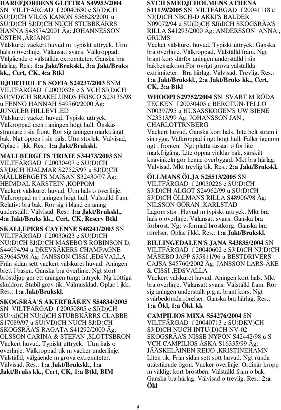 , Cert, CK, 4:a Btkl HJORTHULT'S SOFIA S24237/2003 SNM VILTFÄRGAD f 20030328 e S VCH SJ(D)CH SU(VD)CH BRAKELUNDS FRISCO S23135/98 u FENNO HANNAH S49760/2000 Äg: JUNGLER HILLEVI,ED Välskuret vacket