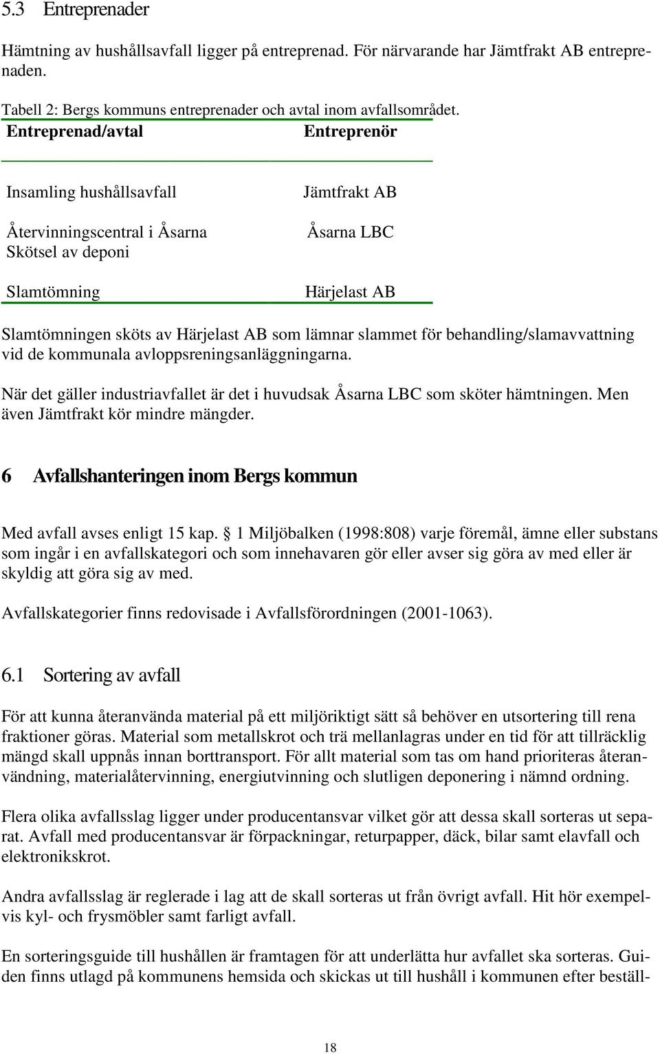 slammet för behandling/slamavvattning vid de kommunala avloppsreningsanläggningarna. När det gäller industriavfallet är det i huvudsak Åsarna LBC som sköter hämtningen.