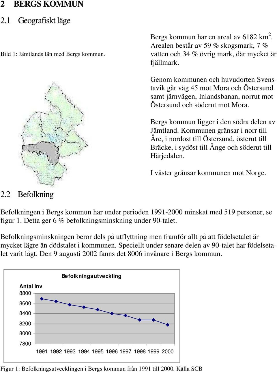 Genom kommunen och huvudorten Svenstavik går väg 45 mot Mora och Östersund samt järnvägen, Inlandsbanan, norrut mot Östersund och söderut mot Mora. Bergs kommun ligger i den södra delen av Jämtland.