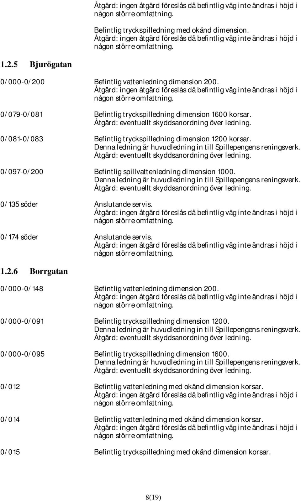 Åtgärd: ingen åtgärd föreslås då befintlig väg inte ändras i höjd i någon större omfattning. 0/079-0/081 Befintlig tryckspilledning dimension 1600 korsar.