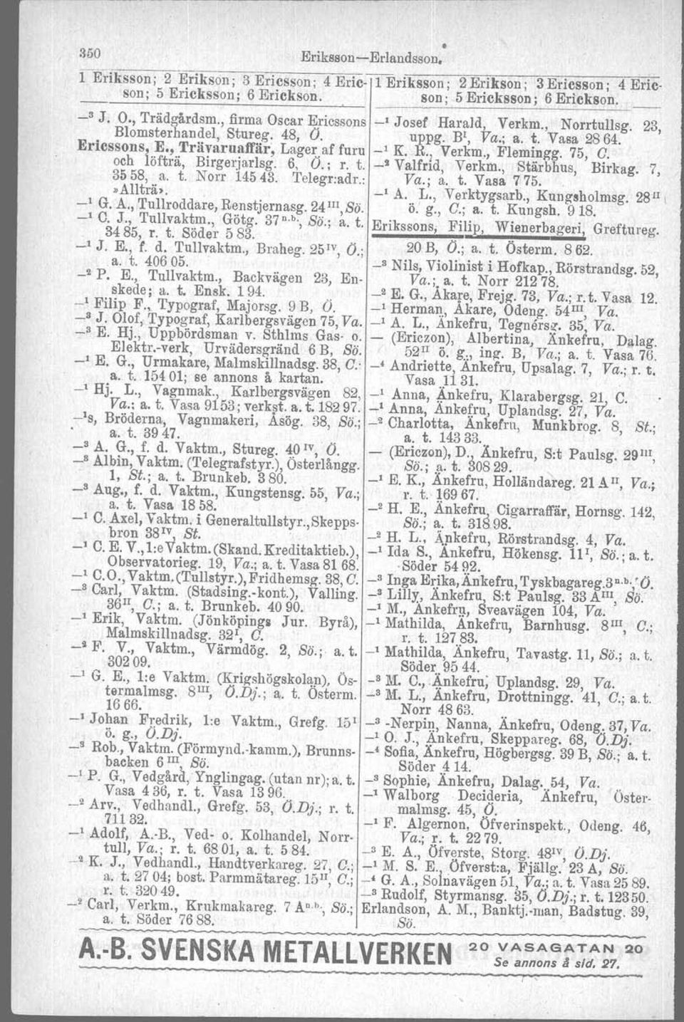 75, C. i och öfträ, BirgeI:iarlsg. 6, O.; r. t. -~ ValfrId, Verkm., Stärbhus, 3558, a. t. Norr 14543. Telegr:adr.: Va.j a. t. Vasa 775.. Birkag. 7,.AIlträ>. -' A. L., Verktygsarb., Kungsholmsg. _1 G.