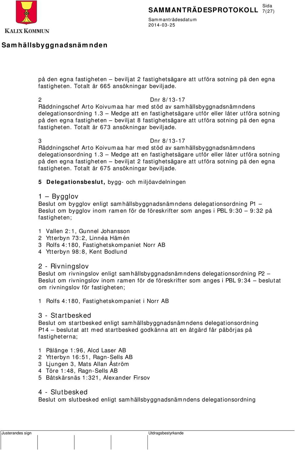 3 Medge att en fastighetsägare utför eller låter utföra sotning på den egna fastigheten beviljat 8 fastighetsägare att utföra sotning på den egna fastigheten. Totalt är 673 ansökningar beviljade.