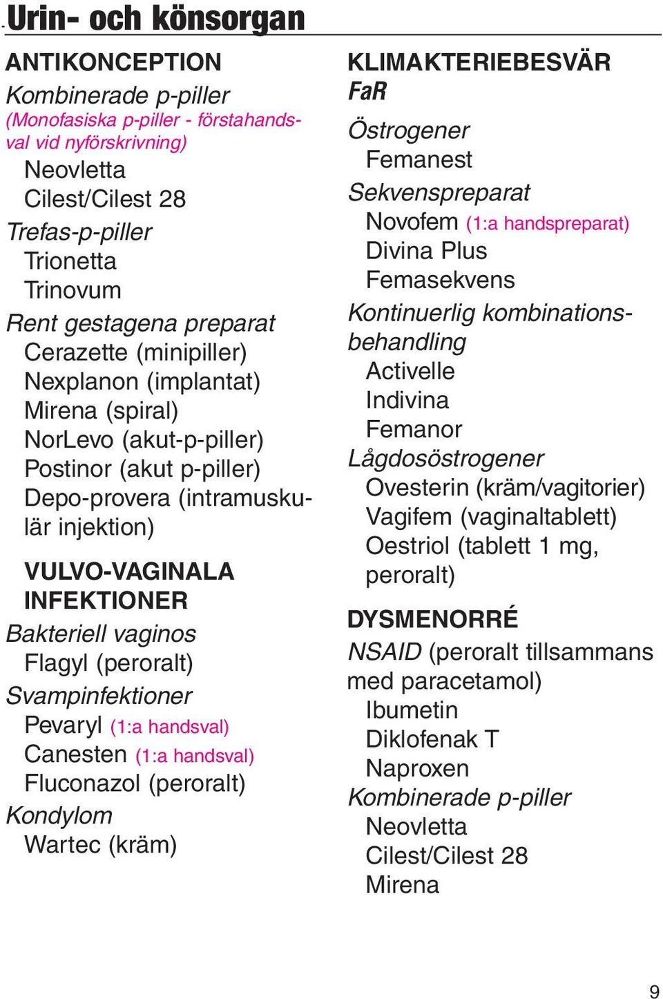 INFEKTIONER Bakteriell vaginos Flagyl (peroralt) Svampinfektioner Pevaryl (1:a handsval) Canesten (1:a handsval) Fluconazol (peroralt) Kondylom Wartec (kräm) KLIMAKTERIEBESVÄR Östrogener Femanest