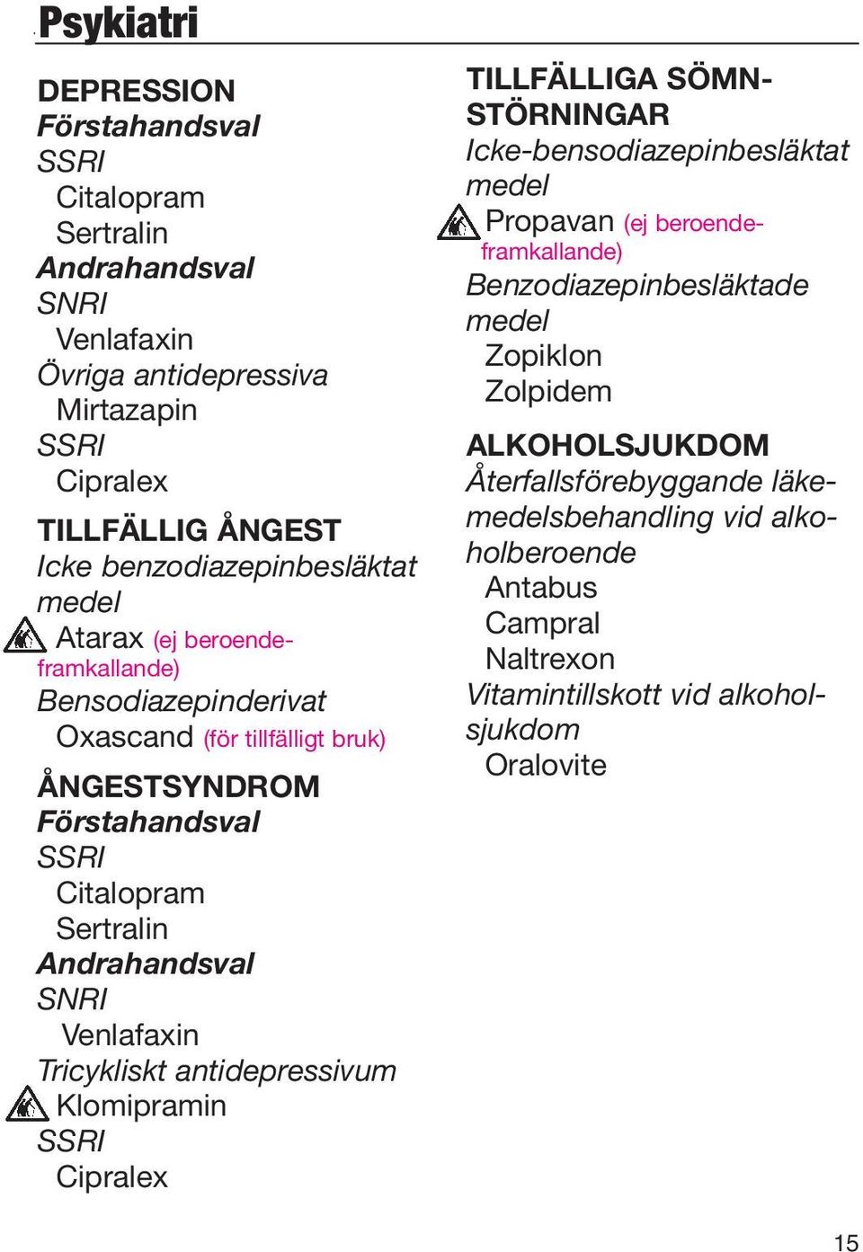 Andrahandsval SNRI Venlafaxin Tricykliskt antidepressivum Klomipramin SSRI Cipralex TILLFÄLLIGA SÖMN- STÖRNINGAR Icke-bensodiazepinbesläktat medel Propavan (ej beroendeframkallande)