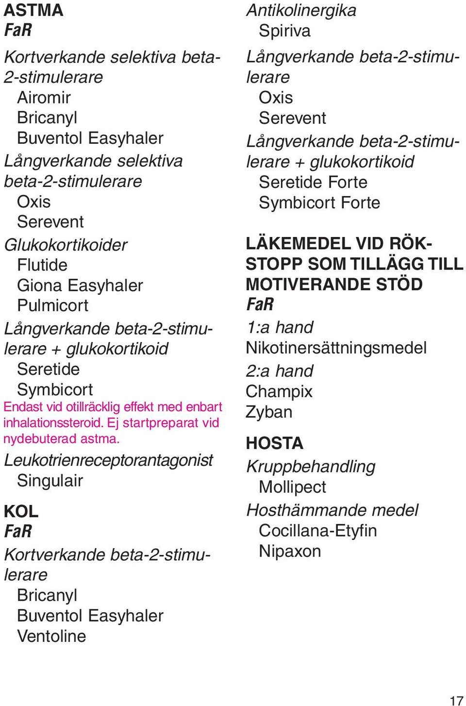 Leukotrienreceptorantagonist Singulair KOL Kortverkande beta-2-stimulerare Bricanyl Buventol Easyhaler Ventoline Antikolinergika Spiriva Långverkande beta-2-stimulerare Oxis Serevent Långverkande