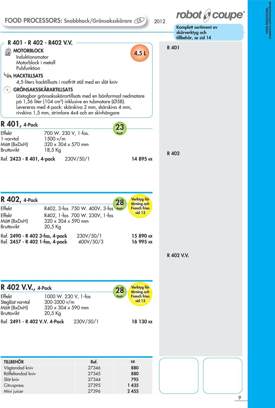 skärverktyg och tillbehör, se sid 14 FOOD PROCESSORS: SNABBHACK/GRÖNSAKSSKÄRARE R 402, 4-Pack 28 SKIVOR Verktyg för tärning och French fries sid 13