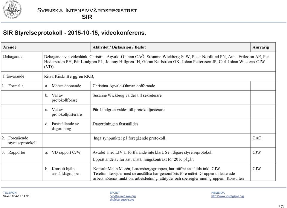 Johan Pettersson JP, Carl-Johan Wickerts (VD). Ritva Kiiski Berggren RKB, 1. Formalia a. Mötets öppnande Christina Agvald-Öhman ordförande b. Val av protokollförare c. Val av protokolljusterare d.