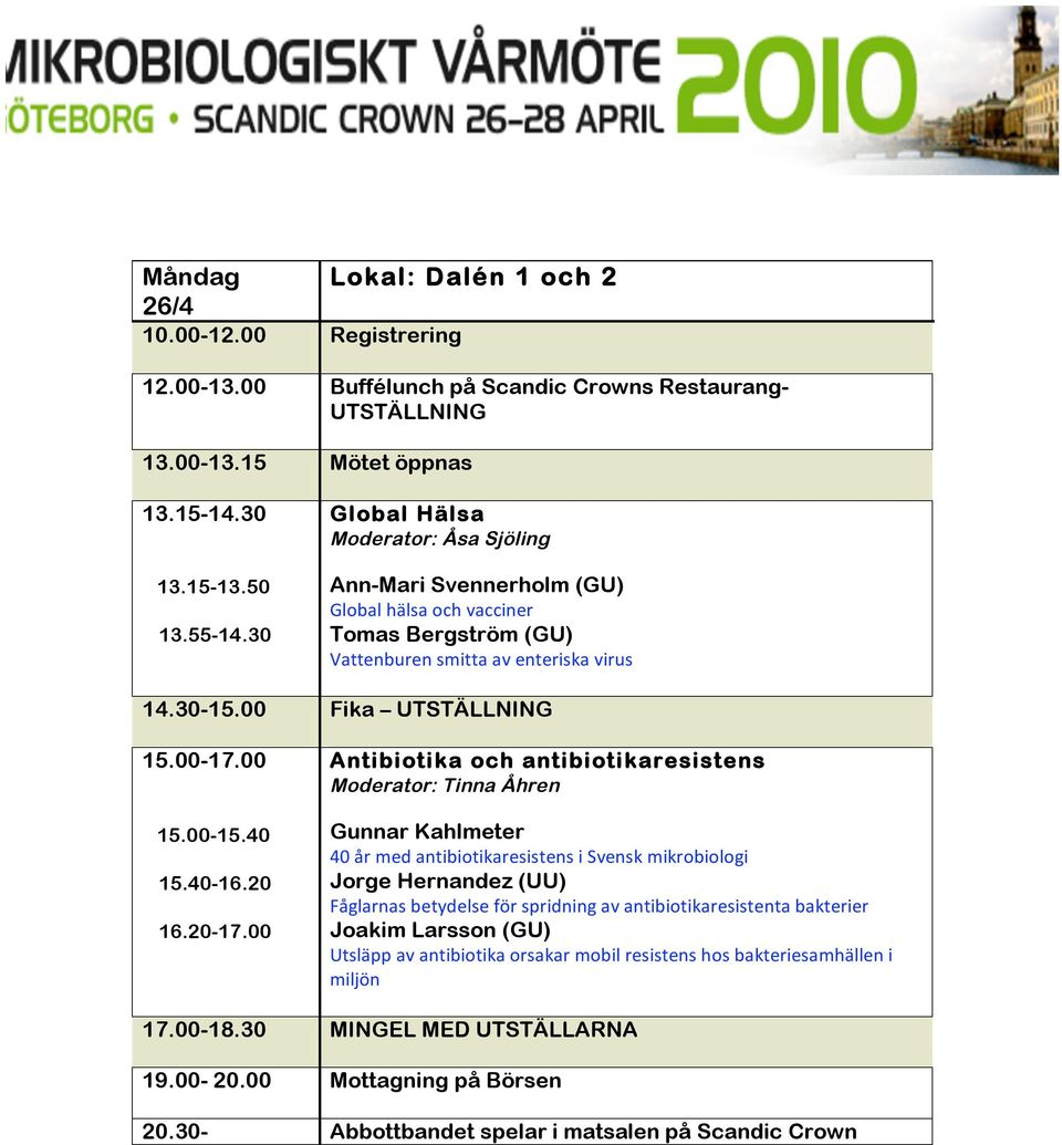 00 Antibiotika och antibiotikaresistens Moderator: Tinna Åhren Gunnar Kahlmeter 40 år med antibiotikaresistens i Svensk mikrobiologi Jorge Hernandez (UU) Fåglarnas betydelse för spridning av