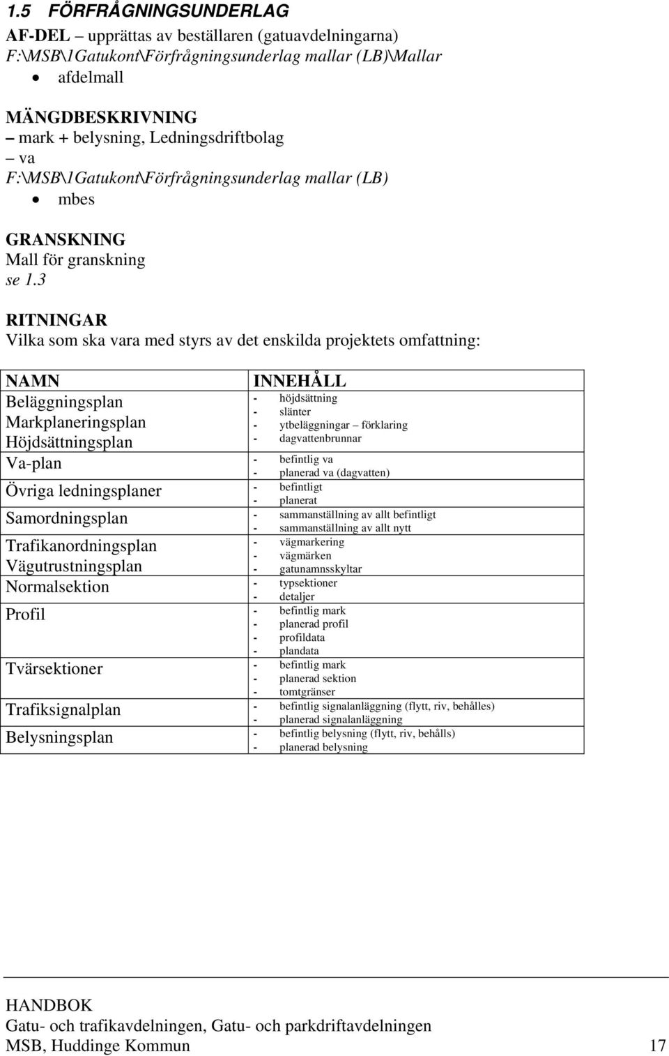 3 RITNINGAR Vilka som ska vara med styrs av det enskilda projektets omfattning: NAMN INNEHÅLL Beläggningsplan - höjdsättning - slänter Markplaneringsplan - ytbeläggningar förklaring Höjdsättningsplan