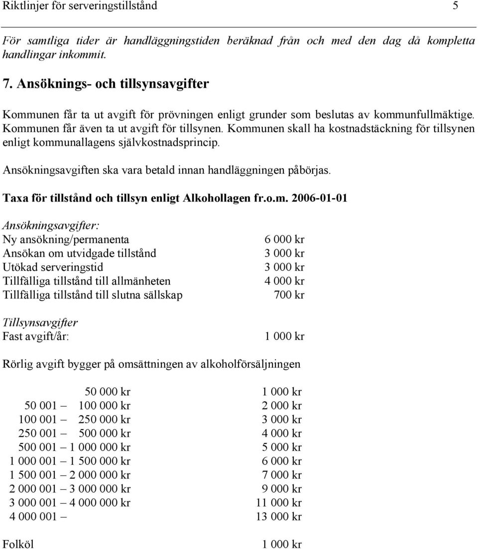 Kommunen skall ha kostnadstäckning för tillsynen enligt kommunallagens självkostnadsprincip. Ansökningsavgiften ska vara betald innan handläggningen påbörjas.