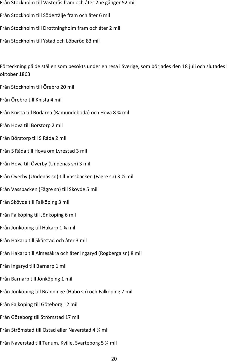 Knista till Bodarna (Ramundeboda) och Hova 8 ¾ mil Från Hova till Börstorp 2 mil Från Börstorp till S Råda 2 mil Från S Råda till Hova om Lyrestad 3 mil Från Hova till Överby (Undenäs sn) 3 mil Från