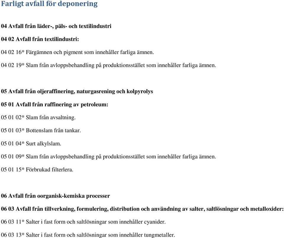 05 Avfall från oljeraffinering, naturgasrening och kolpyrolys 05 01 Avfall från raffinering av petroleum: 05 01 02* Slam från avsaltning. 05 01 03* Bottenslam från tankar. 05 01 04* Surt alkylslam.