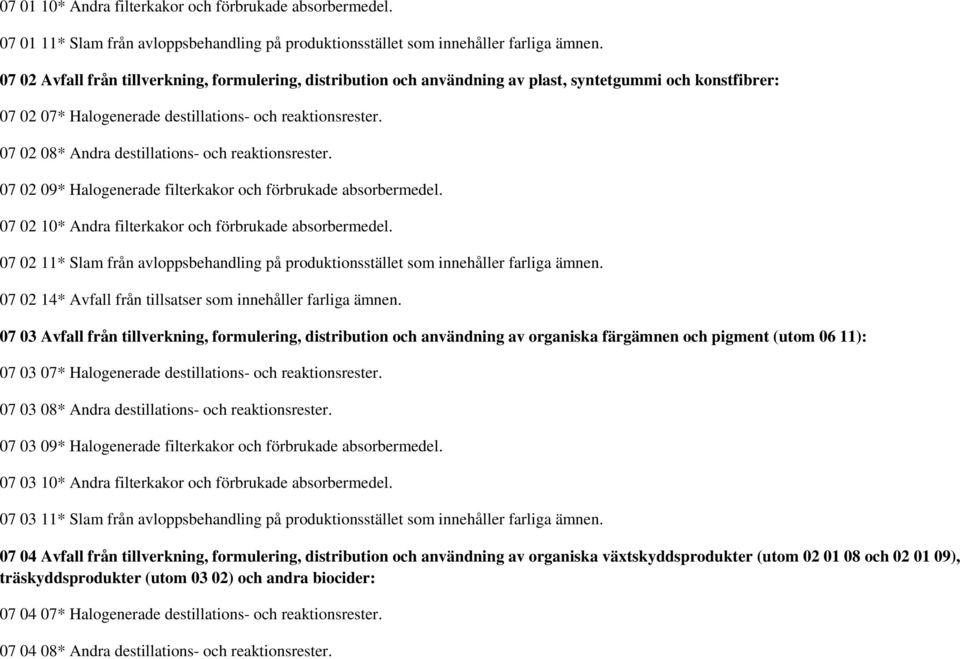 07 02 08* Andra destillations- och reaktionsrester. 07 02 09* Halogenerade filterkakor och förbrukade absorbermedel. 07 02 10* Andra filterkakor och förbrukade absorbermedel.