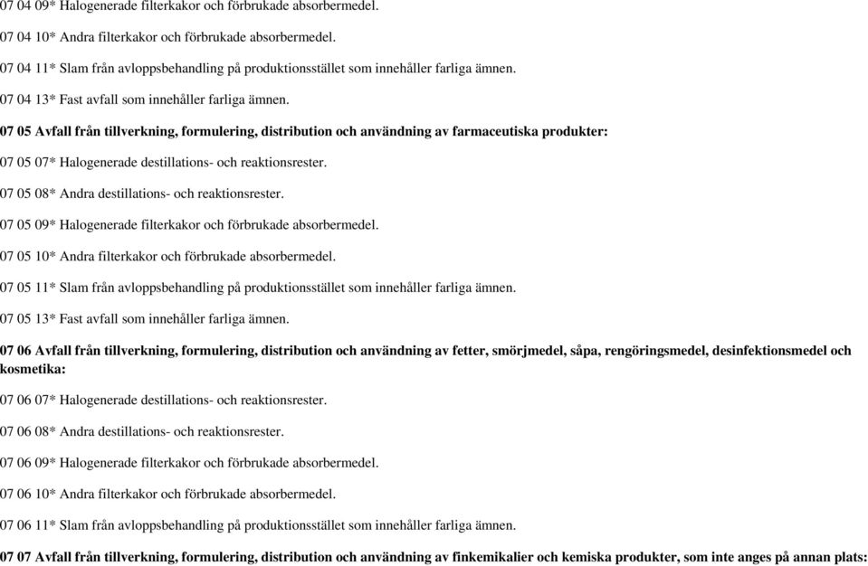 07 05 Avfall från tillverkning, formulering, distribution och användning av farmaceutiska produkter: 07 05 07* Halogenerade destillations- och reaktionsrester.