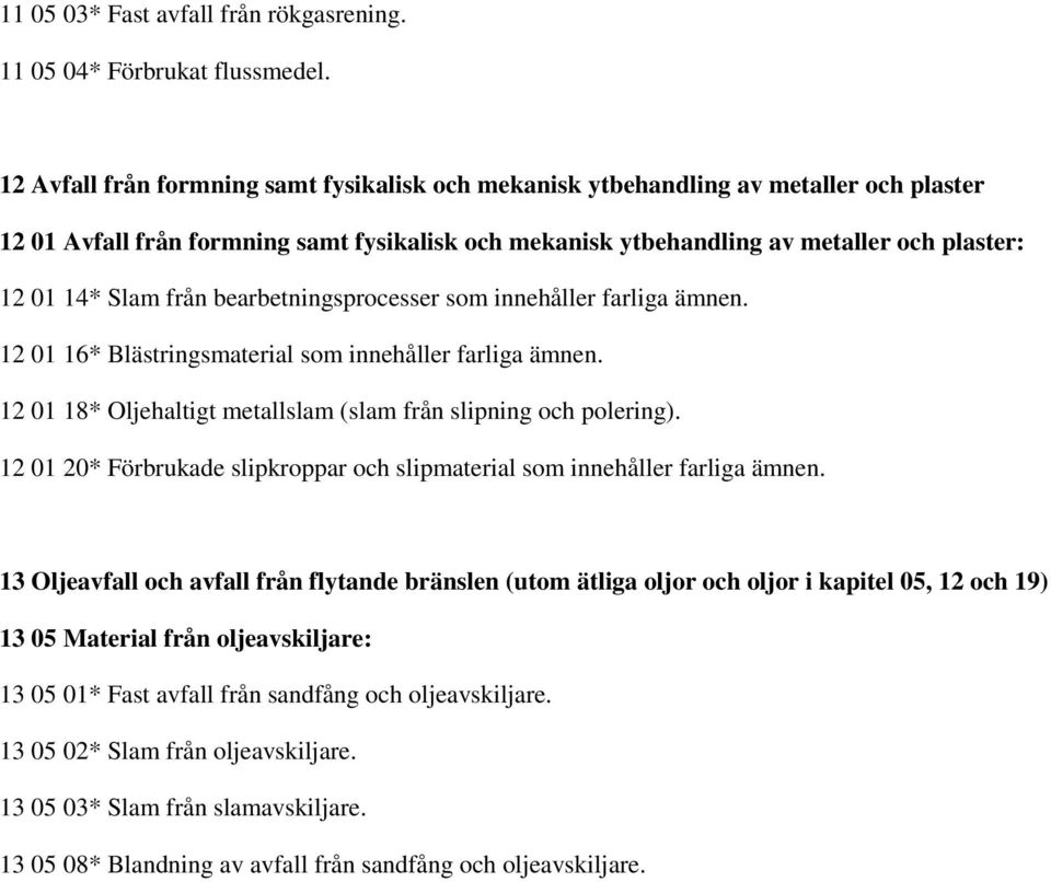 från bearbetningsprocesser som innehåller farliga ämnen. 12 01 16* Blästringsmaterial som innehåller farliga ämnen. 12 01 18* Oljehaltigt metallslam (slam från slipning och polering).