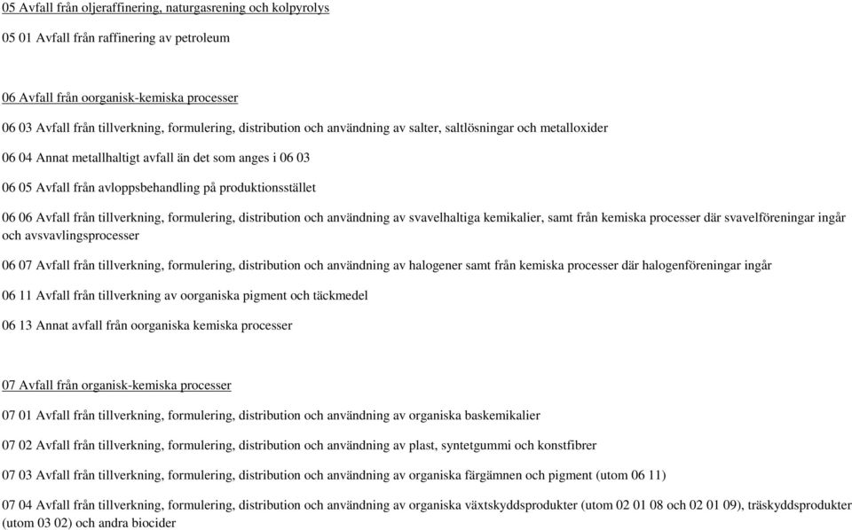 från tillverkning, formulering, distribution och användning av svavelhaltiga kemikalier, samt från kemiska processer där svavelföreningar ingår och avsvavlingsprocesser 06 07 Avfall från