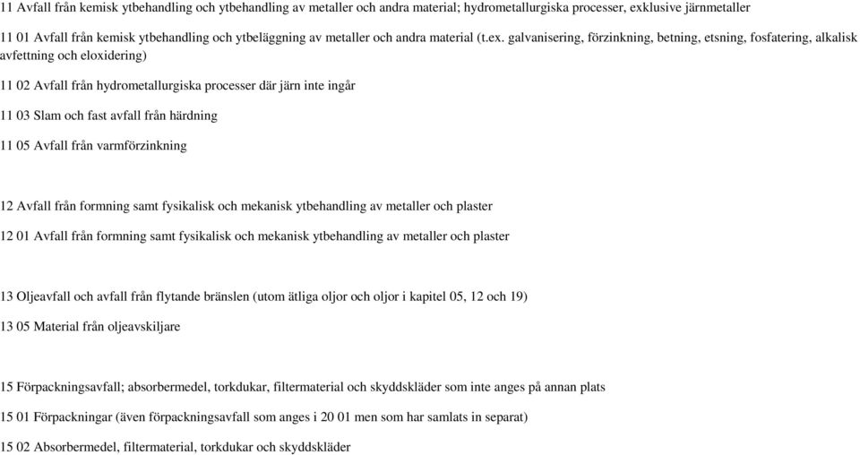 galvanisering, förzinkning, betning, etsning, fosfatering, alkalisk avfettning och eloxidering) 11 02 Avfall från hydrometallurgiska processer där järn inte ingår 11 03 Slam och fast avfall från