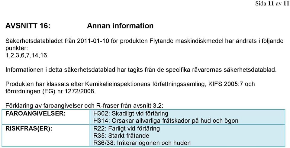 Produkten har klassats efter Kemikalieinspektionens författningssamling, KIFS 2005:7 och förordningen (EG) nr 1272/2008.