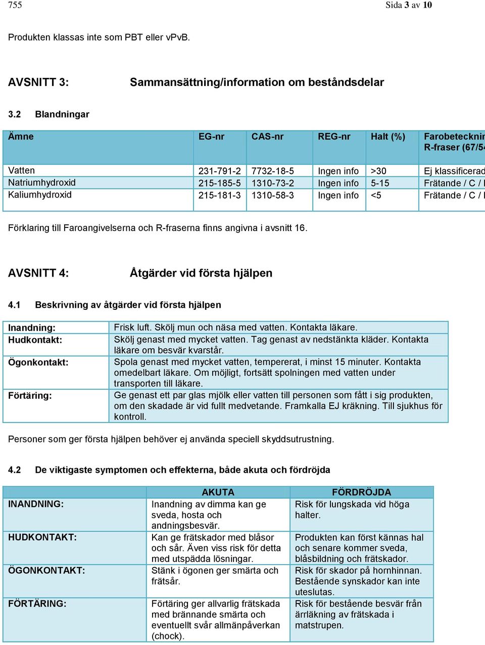 C / R Kaliumhydroxid 215-181-3 1310-58-3 Ingen info <5 Frätande / C / R Förklaring till Faroangivelserna och R-fraserna finns angivna i avsnitt 16. AVSNITT 4: Åtgärder vid första hjälpen 4.