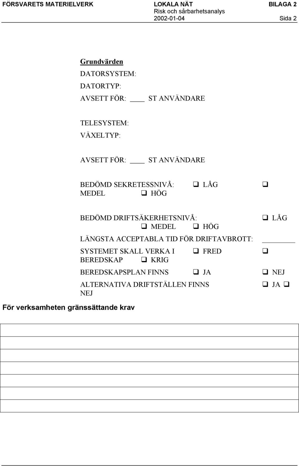 gränssättande krav BEDÖMD DRIFTSÄKERHETSNIVÅ: MEDEL HÖG LÄNGSTA ACCEPTABLA TID FÖR DRIFTAVBROTT: