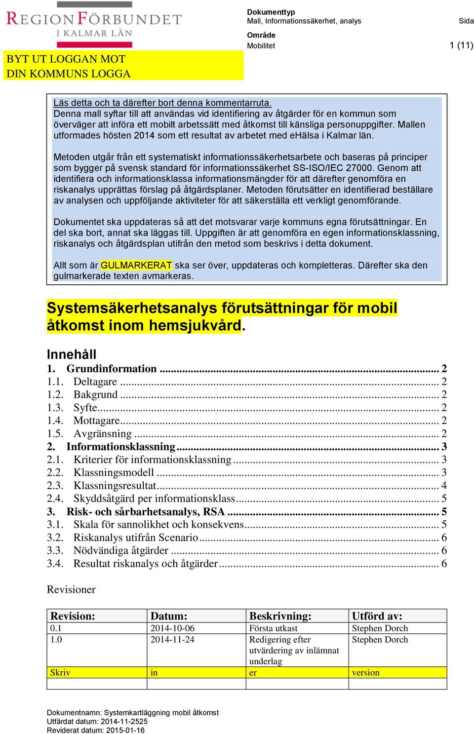 Mallen utformades hösten 2014 som ett resultat av arbetet med ehälsa i Kalmar län.