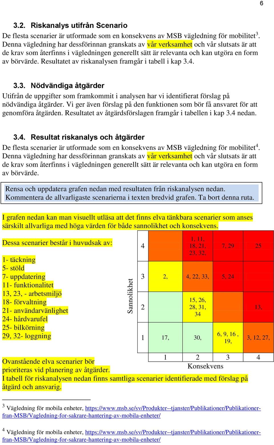 Resultatet av riskanalysen framgår i tabell i kap 3.4. 3.3. Nödvändiga åtgärder Utifrån de uppgifter som framkommit i analysen har vi identifierat förslag på nödvändiga åtgärder.