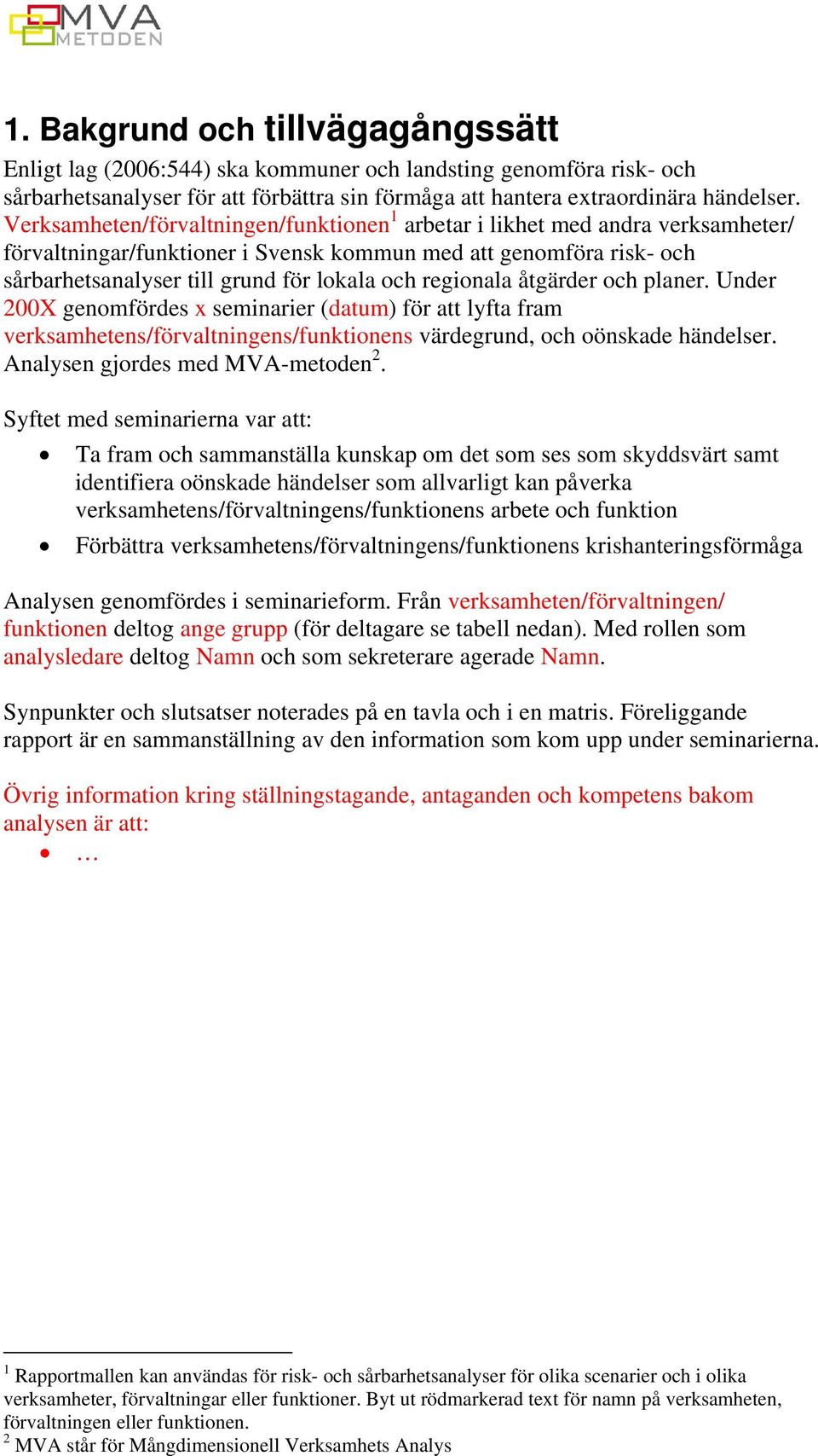 regionala åtgärder och planer. Under 200X genomfördes x seminarier (datum) för att lyfta fram verksamhetens/förvaltningens/funktionens värdegrund, och oönskade händelser.