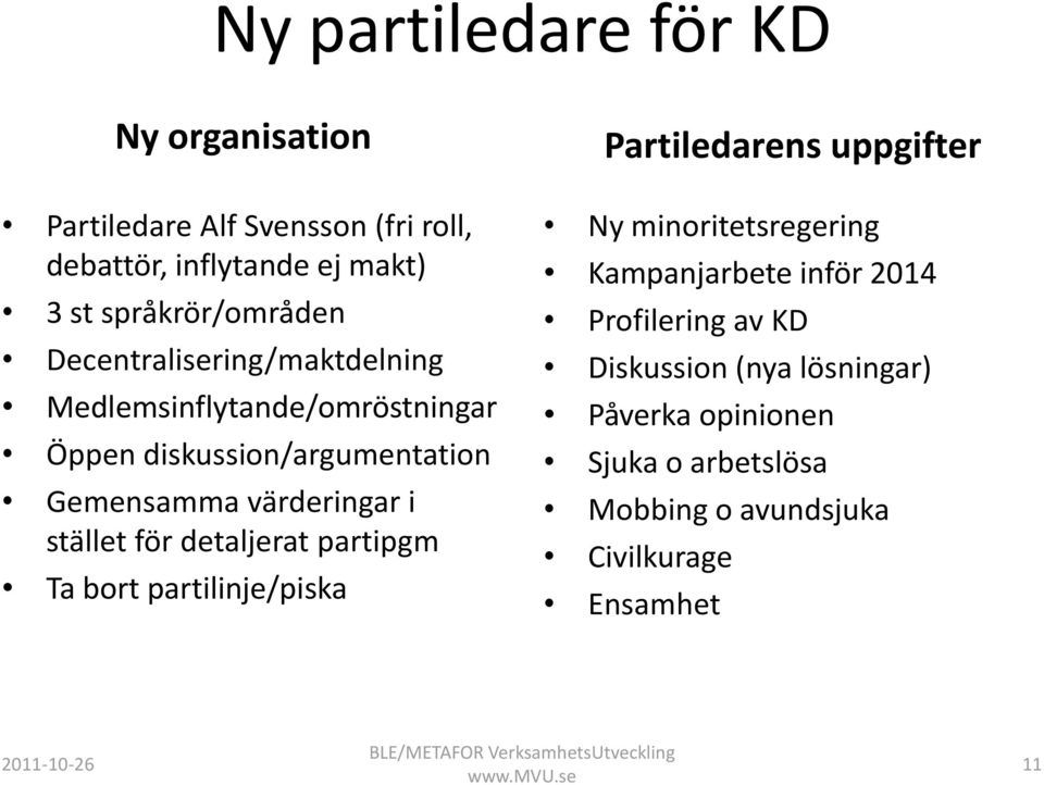 för detaljerat partipgm Ta bort partilinje/piska Partiledarens uppgifter Ny minoritetsregering Kampanjarbete inför 2014