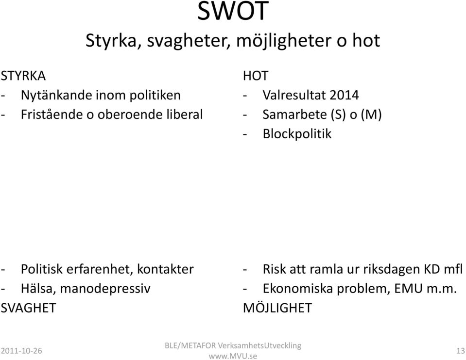 Blockpolitik - Politisk erfarenhet, kontakter - Hälsa, manodepressiv SVAGHET -