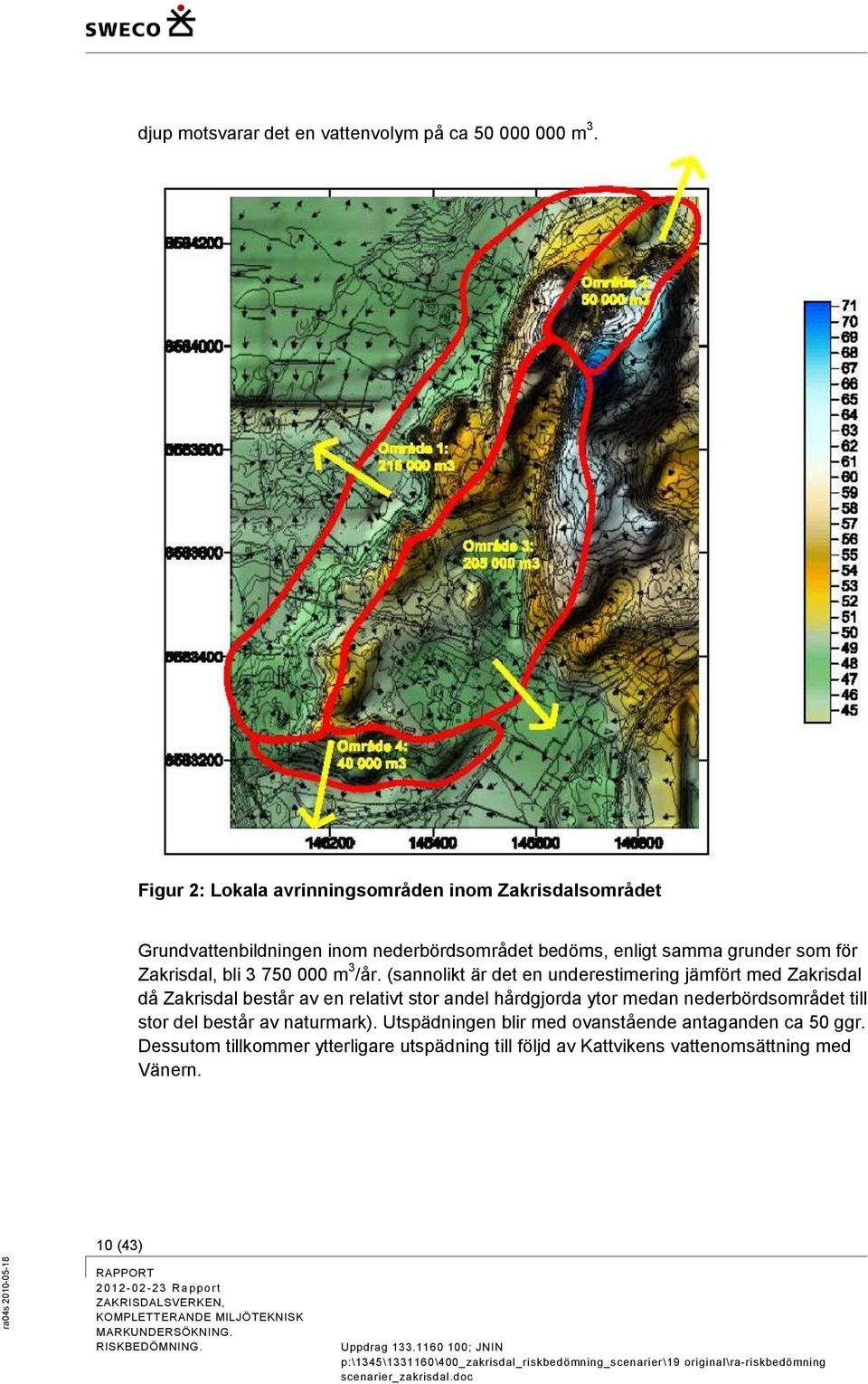 (sannolikt är det en underestimering jämfört med Zakrisdal då Zakrisdal består av en relativt stor andel hårdgjorda ytor medan nederbördsområdet till stor del består av naturmark).