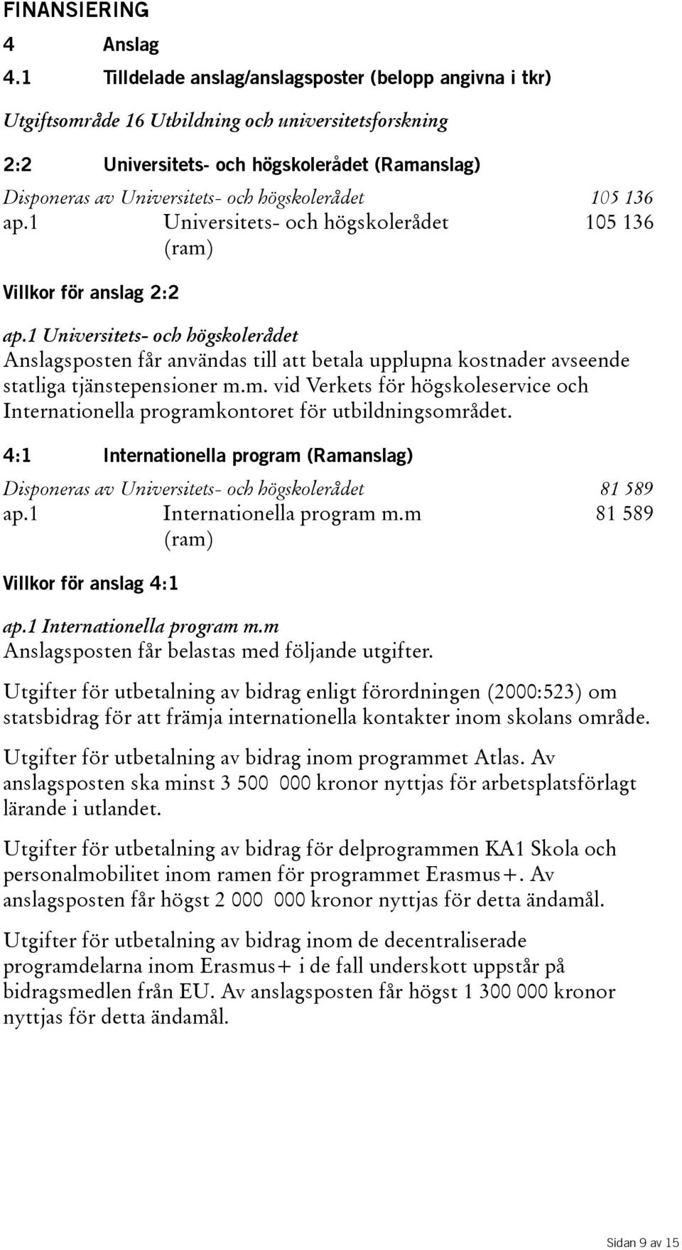 högskolerådet 105 136 ap.1 Universitets- och högskolerådet (ram) 105 136 Villkor för anslag 2:2 ap.