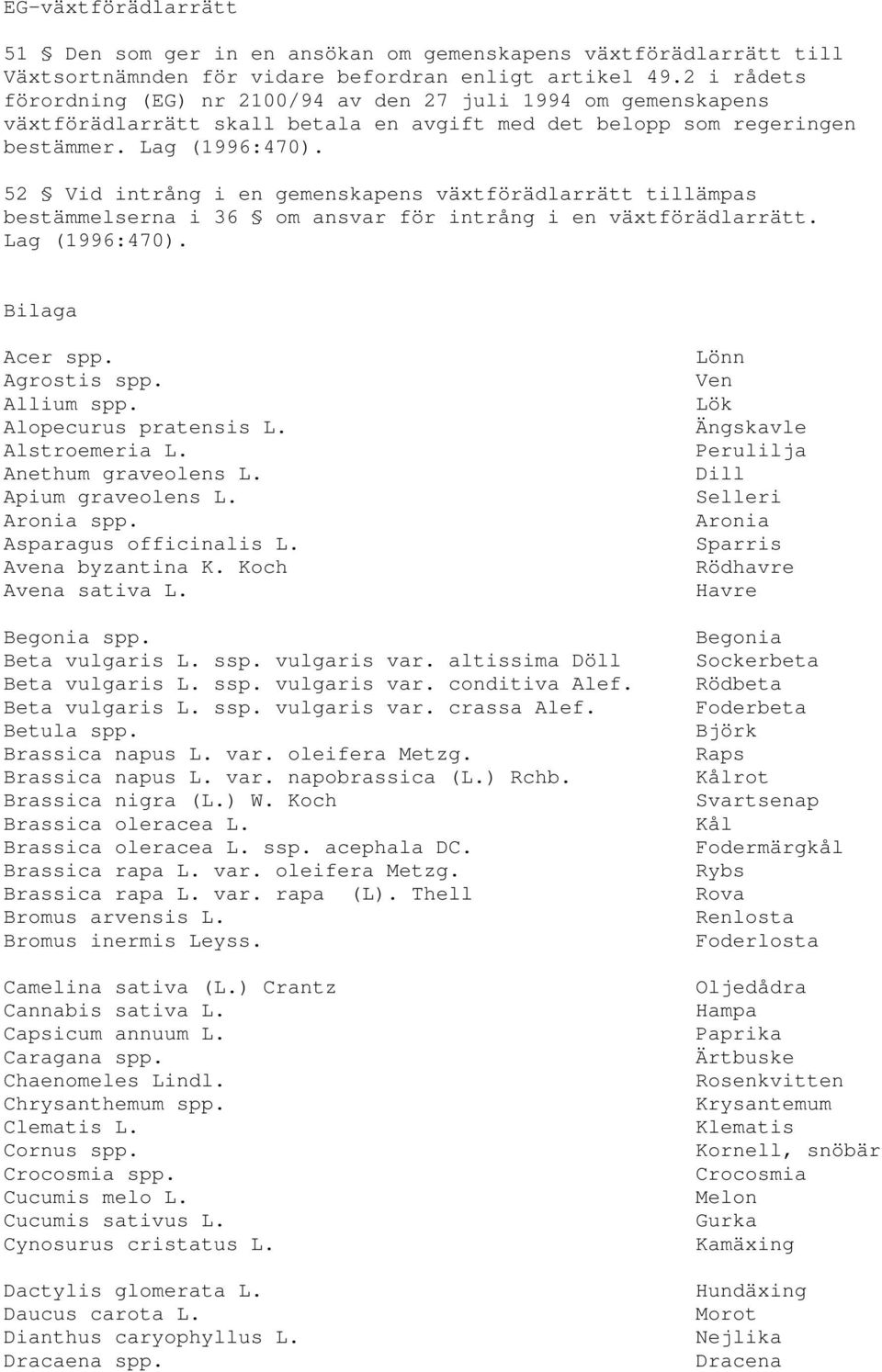 52 Vid intrång i en gemenskapens växtförädlarrätt tillämpas bestämmelserna i 36 om ansvar för intrång i en växtförädlarrätt. Lag (1996:470). Bilaga Acer spp. Agrostis spp. Allium spp.