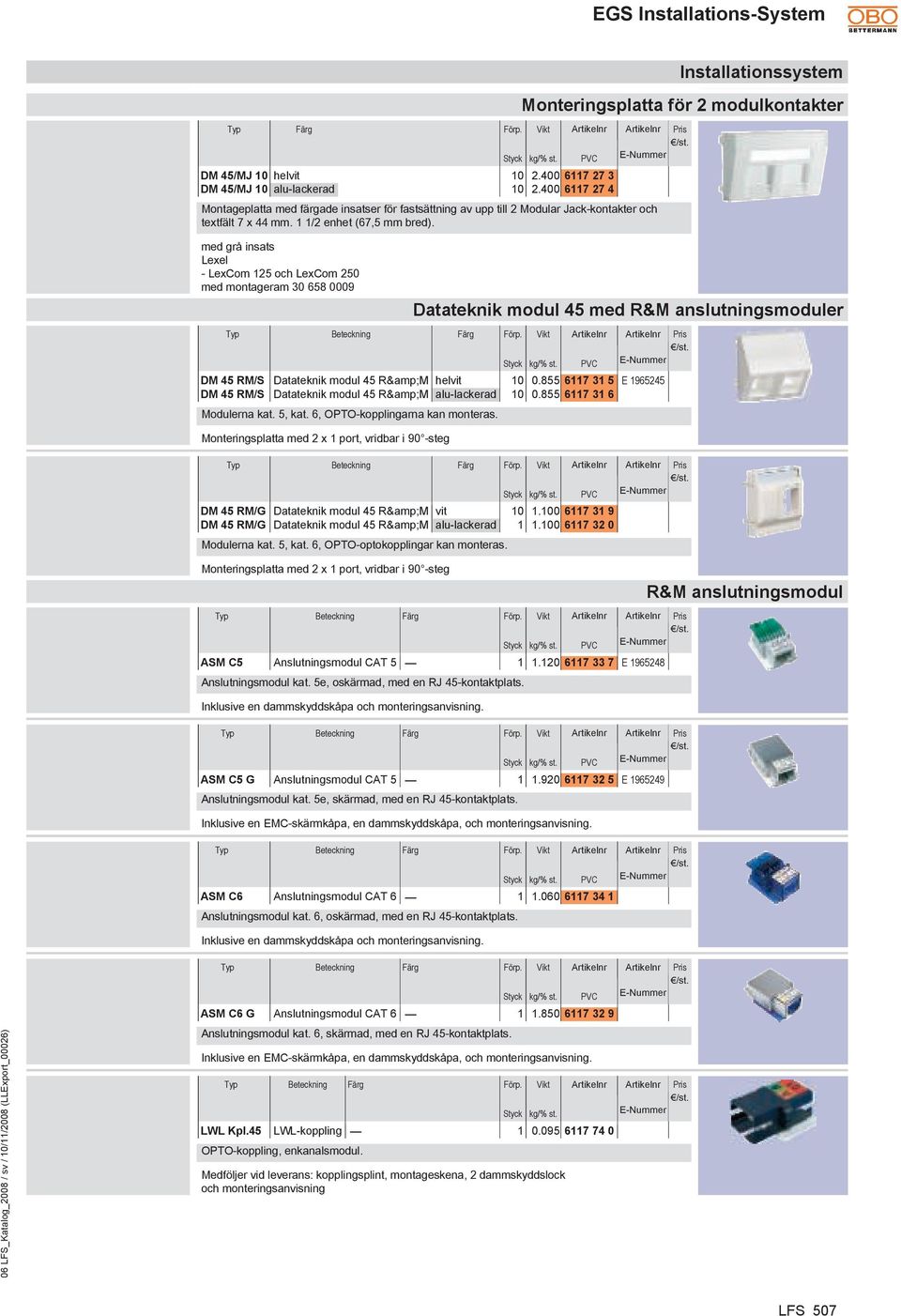 400 6117 27 4 Monteringsplatta med 2 x 1 port, vridbar i 90 -steg Datateknik modul 45 med R&M anslutningsmoduler PVC DM 45 RM/S Datateknik modul 45 R&M helvit 10 0.