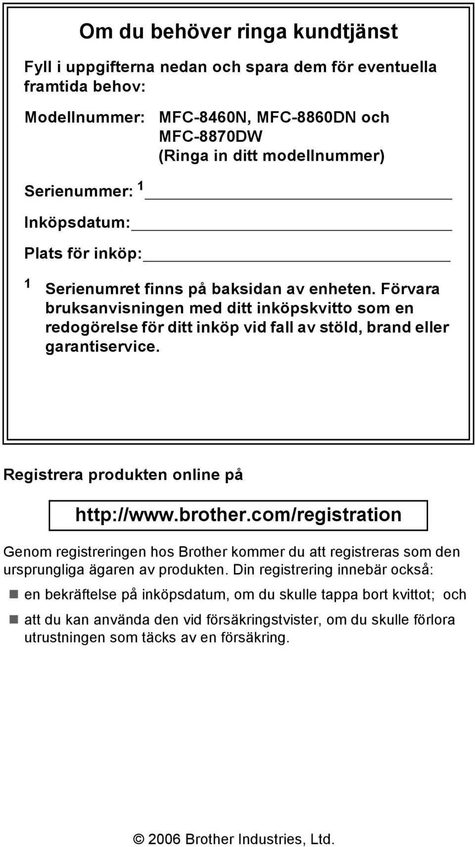 Förvara bruksanvisningen med ditt inköpskvitto som en redogörelse för ditt inköp vid fall av stöld, brand eller garantiservice. Registrera produkten online på http://www.brother.