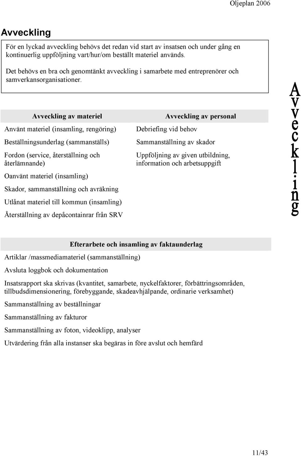 Avveckling av materiel Använt materiel (insamling, rengöring) Beställningsunderlag (sammanställs) Fordon (service, återställning och återlämnande) Oanvänt materiel (insamling) Skador, sammanställning