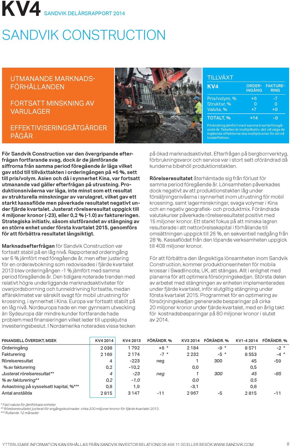 För Sandvik Construction var den övergripande efterfrågan fortfarande svag, dock är de jämförande siffrorna från samma period föregående år låga vilket gav stöd till tillväxttakten i orderingången på