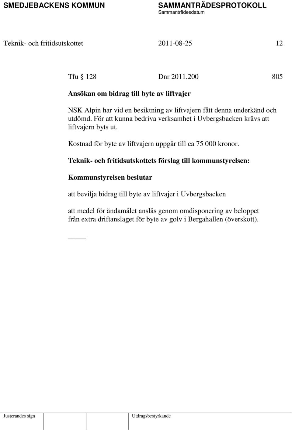 För att kunna bedriva verksamhet i Uvbergsbacken krävs att liftvajern byts ut. Kostnad för byte av liftvajern uppgår till ca 75 000 kronor.