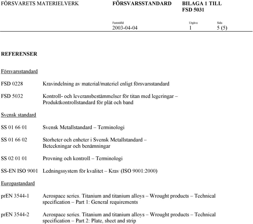 Metallstandard Beteckningar och benämningar SS 02 01 01 Provning och kontroll Terminologi SS-EN ISO 9001 Ledningssystem för kvalitet Krav (ISO 9001:2000) Europastandard pren 3544-1 pren 3544-2