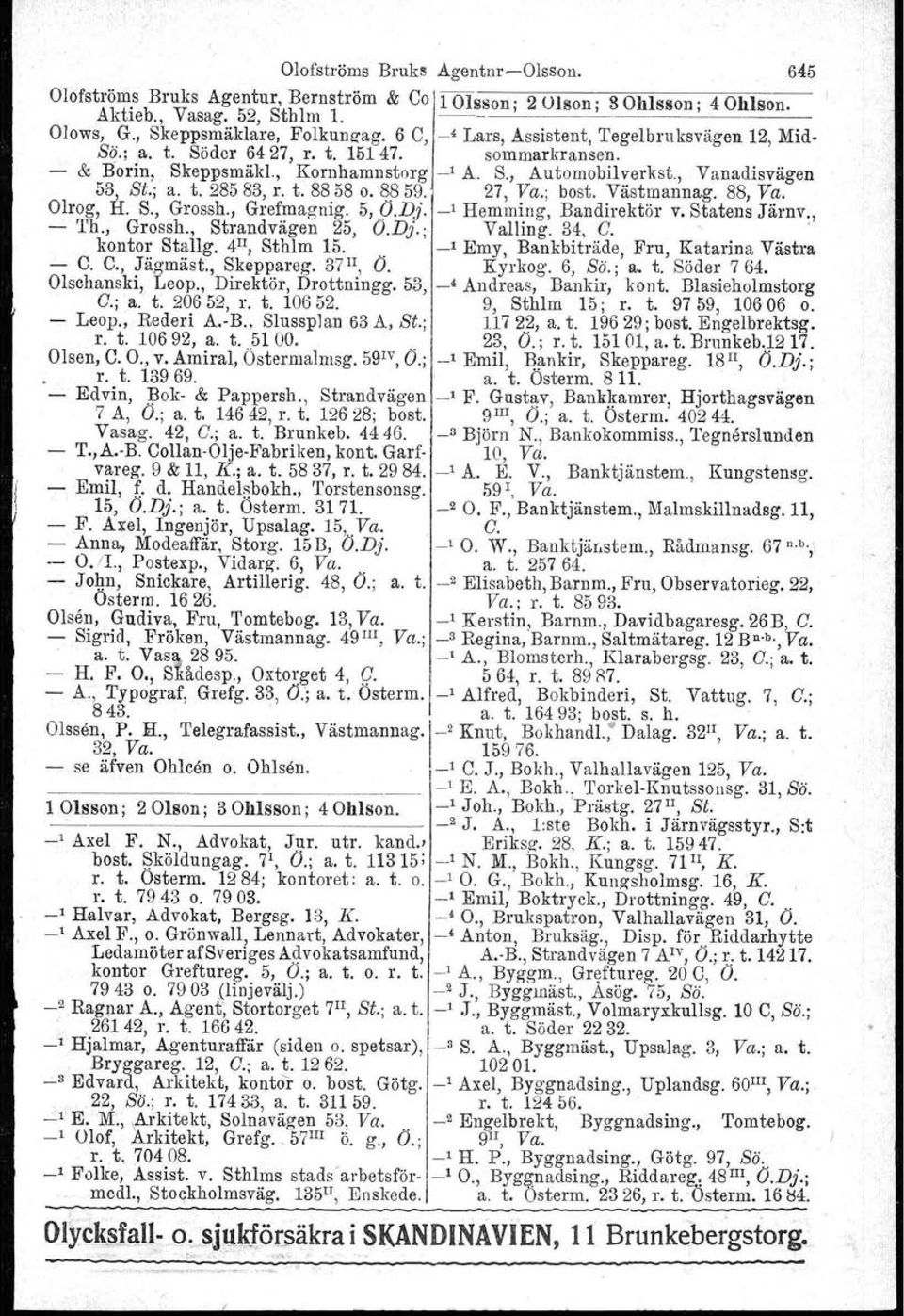 t. 8858 o. 8859. 27, Va.; bost. Västmannag. 88, Va. Olrog, H. S., Grossh., Grefmagnig. 5,.O.Dj. _, Hemming, Bandirektör v. Statens Järnv., 'l'h., Grossh., Strandvägen 25, O.Dj.; Valling. 34, C.