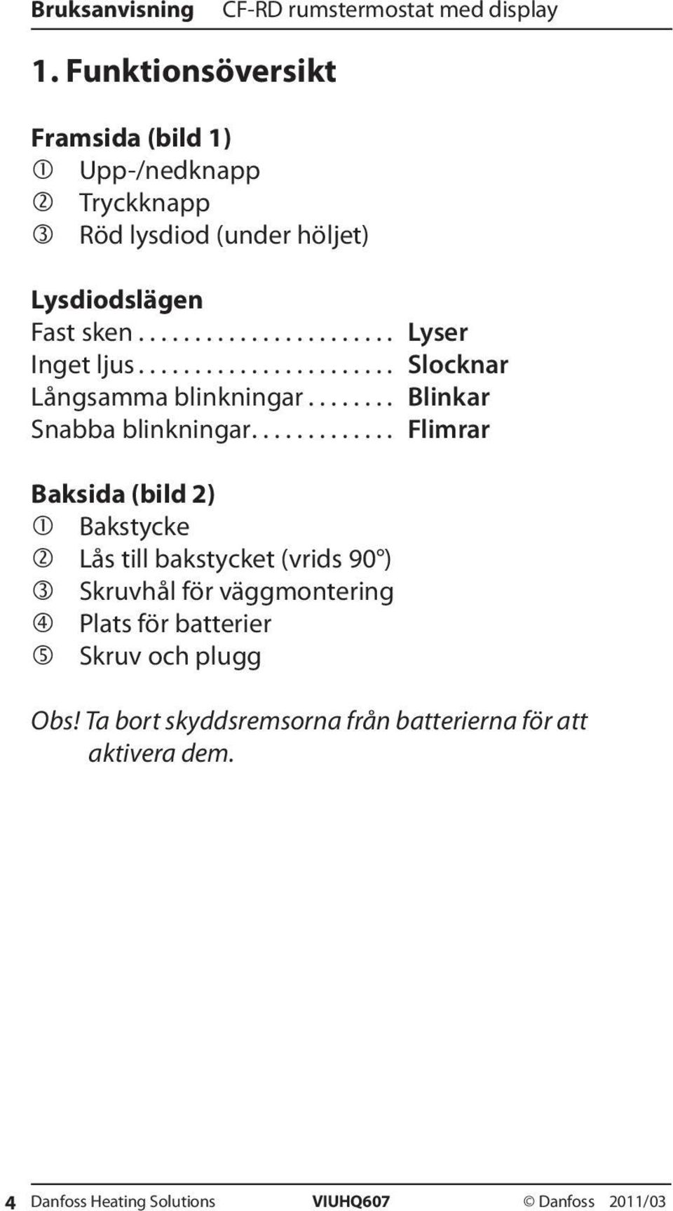 ............ Flimrar Baksida (bild 2) Bakstycke Lås till bakstycket (vrids 90 ) Skruvhål för väggmontering Plats för batterier