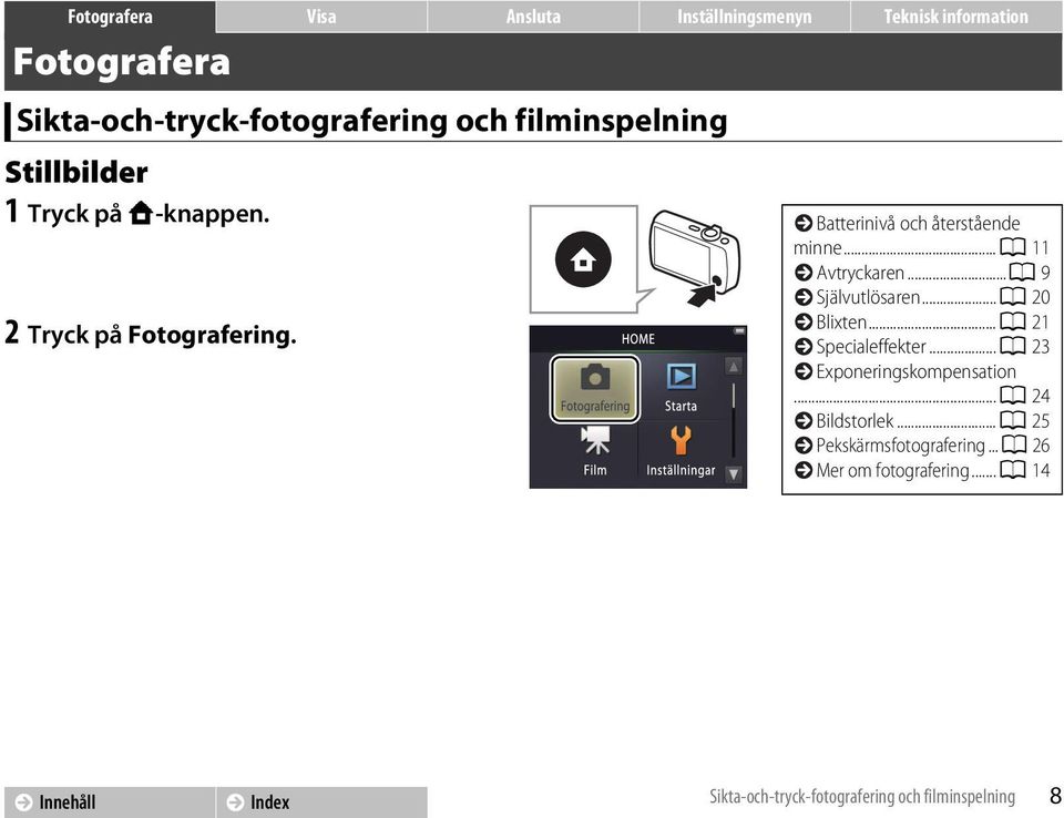 ..A 20 Blixten...A 21 Specialeffekter...A 23 Exponeringskompensation...A 24 Bildstorlek.