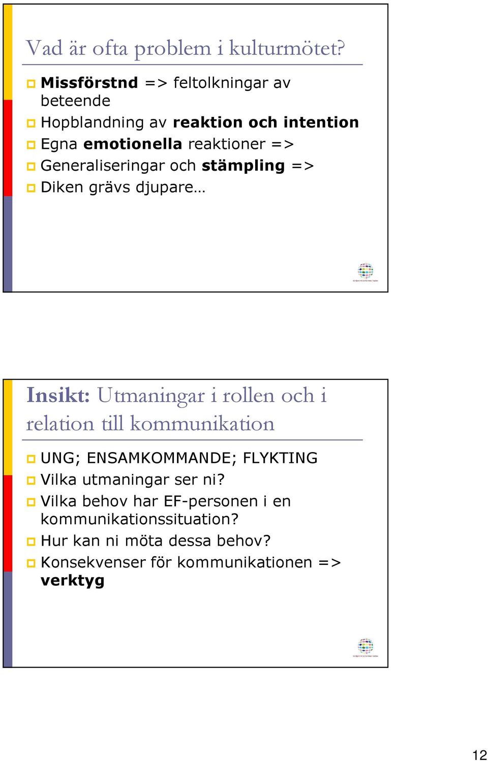 Generaliseringar och stämpling => Diken grävs djupare Insikt: Utmaningar i rollen och i relation till