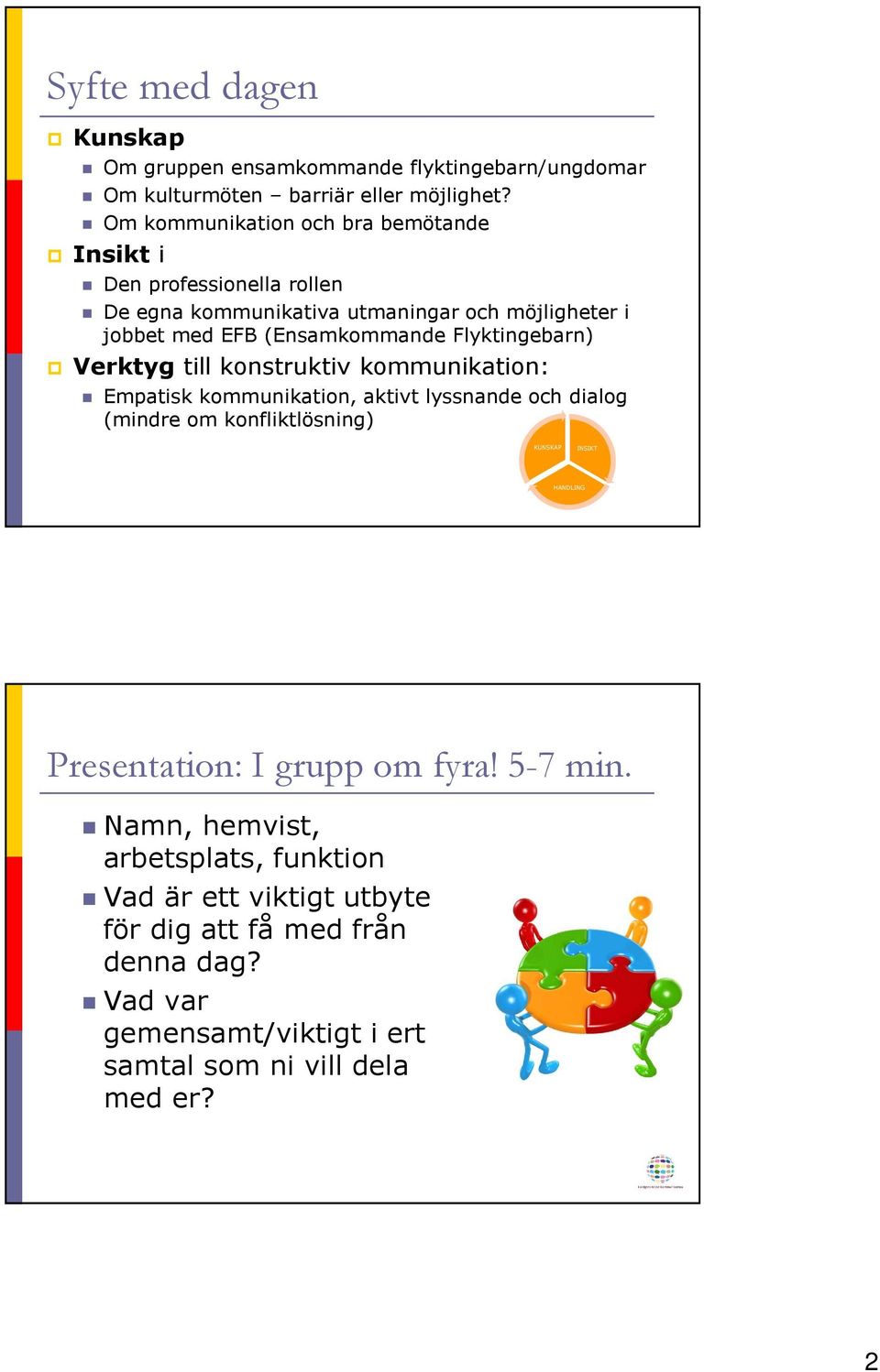 Flyktingebarn) Verktyg till konstruktiv kommunikation: Empatisk kommunikation, aktivt lyssnande och dialog (mindre om konfliktlösning) KUNSKAP INSIKT