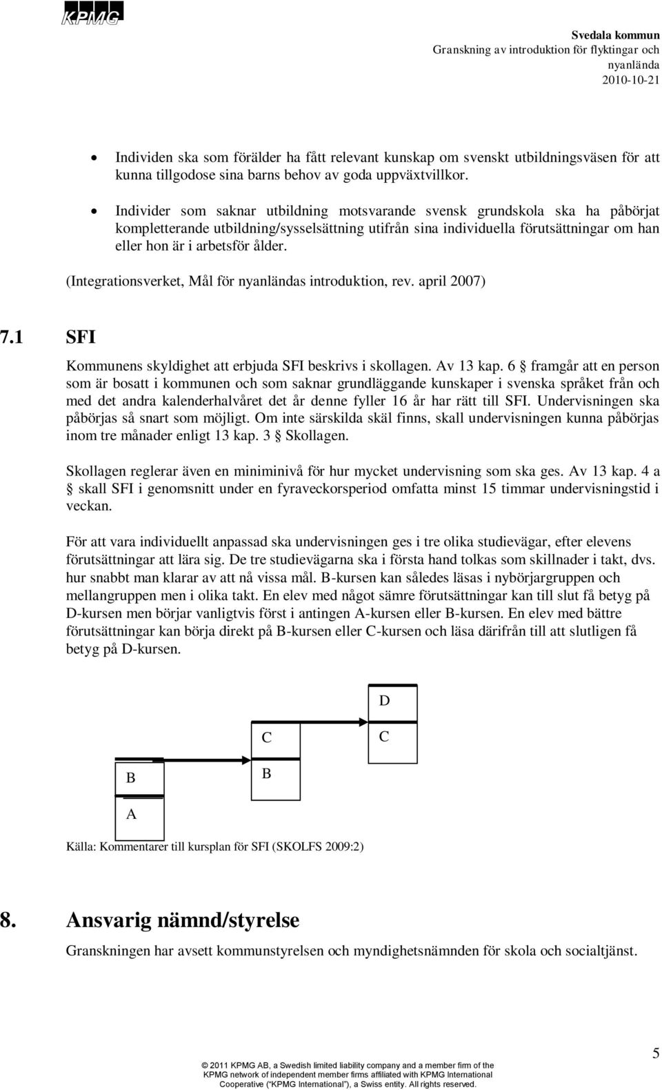 (Integrationsverket, Mål för s introduktion, rev. april 2007) 7.1 SFI Kommunens skyldighet att erbjuda SFI beskrivs i skollagen. Av 13 kap.